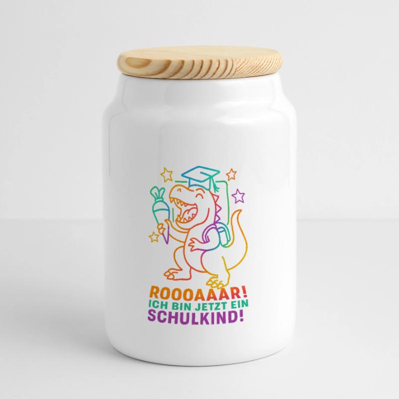 Dino Einschulung | Rooaaar! Ich bin ein Schulkind Panorama Keksdose mit Holzdeckel