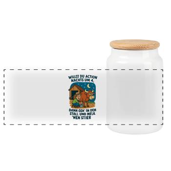 Action at night at 4 milking bull - Panoramic Cookie Jar with Wooden Lid - white - Front