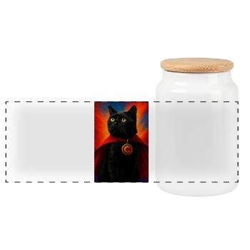 Superhero Cat with Gold Medallion - Panoramic Cookie Jar with Wooden Lid - white - Front
