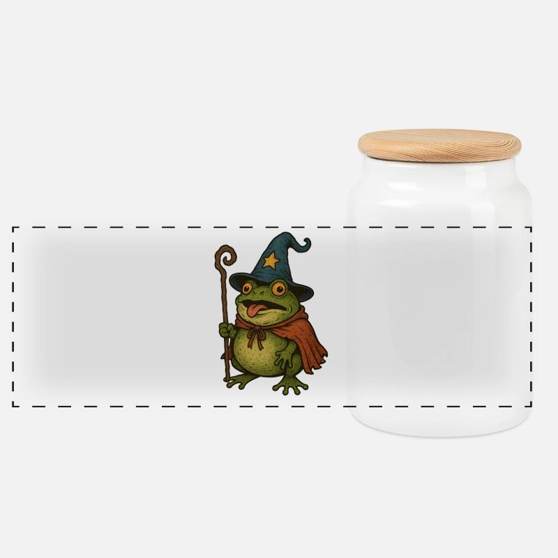 Magical Frog Weaker with Magic Hat - Panoramic Cookie Jar with Wooden Lid - white