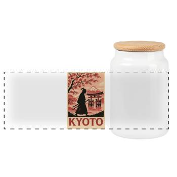 Kyoto Samurai und Kirschblüten Silhouette - Panorama Keksdose mit Holzdeckel - Weiß - Vorne