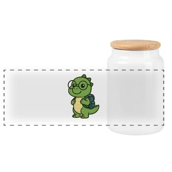 Dinosaure mignon avec lunettes et cartable - Boîte à biscuits avec couvercle en bois - blanc - Devant