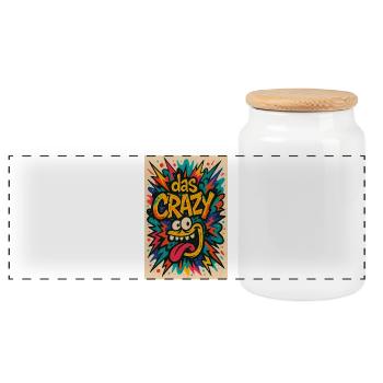 Buntes Comic-Design mit Cartoon-Motiv das Crazy  - Panorama Keksdose mit Holzdeckel - Weiß - Vorne