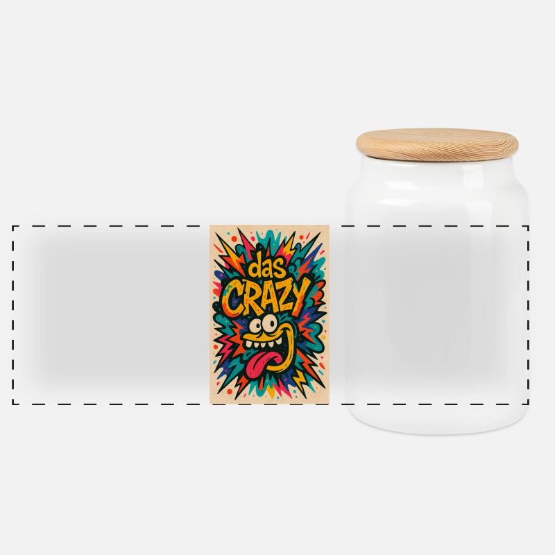 Buntes Comic-Design mit Cartoon-Motiv das Crazy  - Panorama Keksdose mit Holzdeckel - Weiß