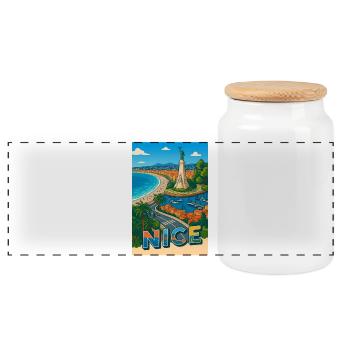 Nice Iconic View with Statue and Sea - Panoramic Cookie Jar with Wooden Lid - white - Front