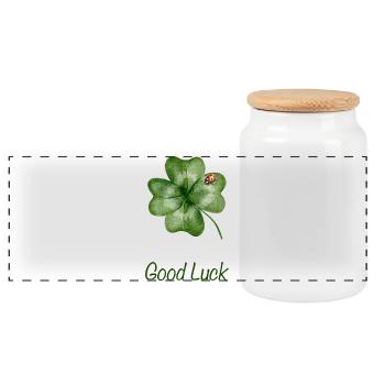 Good Luck – Shamrock with Ladybug - Panoramic Cookie Jar with Wooden Lid - white - Front