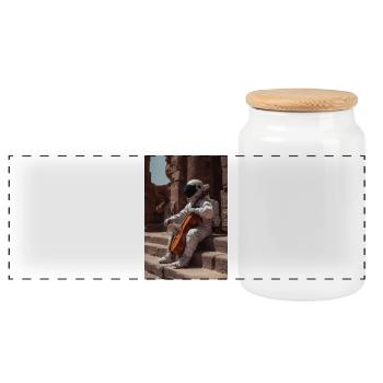 Astronaut with Cello on Ancient Steps - Panoramic Cookie Jar with Wooden Lid - white - Front