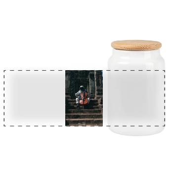 Astronaut Playing Cello at Ancient Temple - Panoramic Cookie Jar with Wooden Lid - white - Front