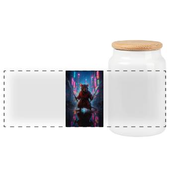 Rat Ninja with Katanas in a Neon Cityscape - Panoramic Cookie Jar with Wooden Lid - white - Front