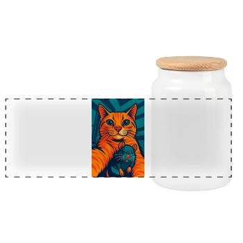 Funny Orange Cat Cat and Mouse  - Panoramic Cookie Jar with Wooden Lid - white - Front