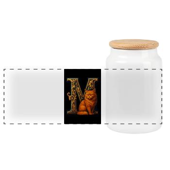 M – Magical ornament with a fierce cat - Panoramic Cookie Jar with Wooden Lid - white - Front