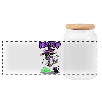 Hex Flip Witch Skateboard Design - Panoramic Cookie Jar with Wooden Lid - white - Front