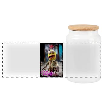 Expressive Trash Character Doll Illustration - Panoramic Cookie Jar with Wooden Lid - white - Front