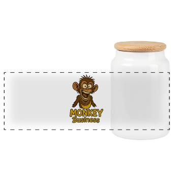 Funny Monkey with Necklace and Banana - Panoramic Cookie Jar with Wooden Lid - white - Front