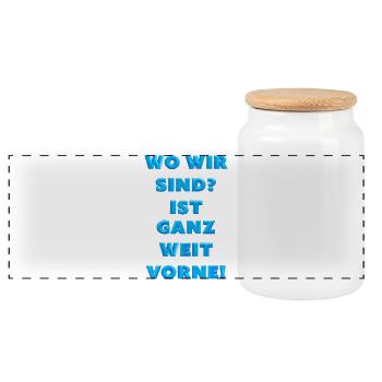 Frage: Wo sind wir? Ganz weit vorne! - Panorama Keksdose mit Holzdeckel - Weiß - Vorne