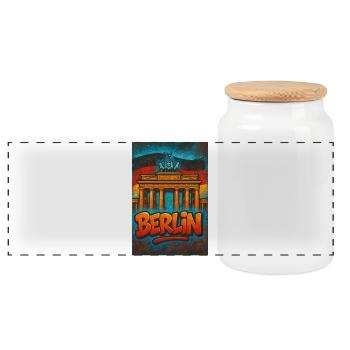 Grafiti Berlin T-Shirt mit Brandenburger Tor - Panorama Keksdose mit Holzdeckel - Weiß - Vorne