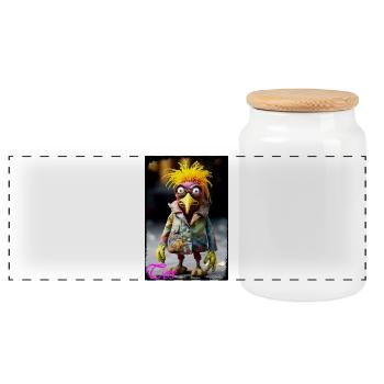 Humorous bird artist doll with colorful hairstyle - Panoramic Cookie Jar with Wooden Lid - white - Front