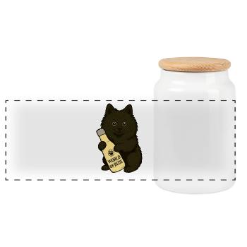 Niedlicher Spitz (Hund) mit Flasche - Panorama Keksdose mit Holzdeckel - Weiß - Vorne