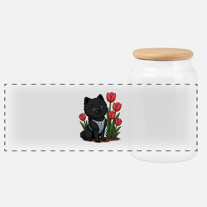 Süßer Spitz Hund mit Tulpen - Panorama Keksdose mit Holzdeckel - Weiß
