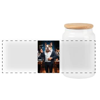 English Bulldog Humanoid Professor - Panoramic Cookie Jar with Wooden Lid - white - Front