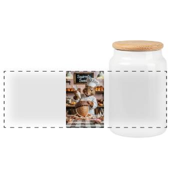 Humanoid Squirrel Chef with Chocolate Cake - Panoramic Cookie Jar with Wooden Lid - white - Front