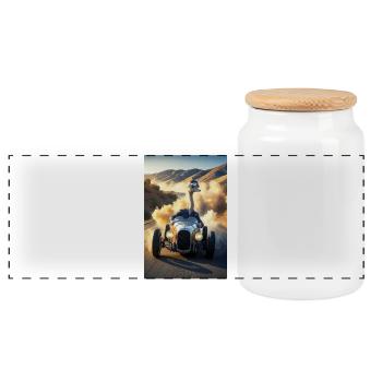 Humanoid Emu Driver On Road - Panoramic Cookie Jar with Wooden Lid - white - Front