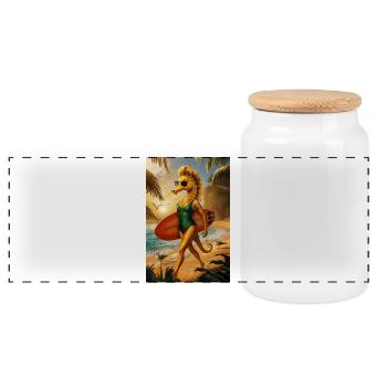 Surfer Humanoid Seahorse - Panoramic Cookie Jar with Wooden Lid - white - Front