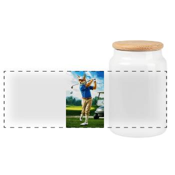 Humanoider Coyote-Golfer in Aktion - Panorama Keksdose mit Holzdeckel - Weiß - Vorne