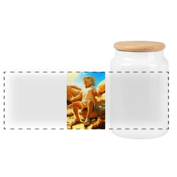 Humanoid Iguana in the Sun - Panoramic Cookie Jar with Wooden Lid - white - Front