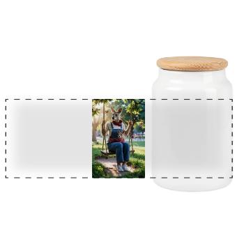 Humanoid Kangaroo on Swing - Panoramic Cookie Jar with Wooden Lid - white - Front