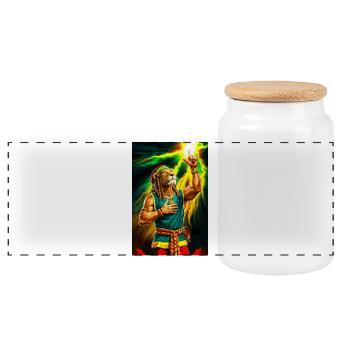 Rastafarian Humanoid Lion - Panoramic Cookie Jar with Wooden Lid - white - Front