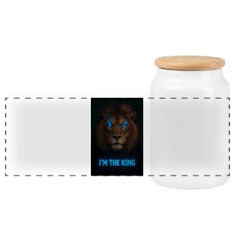 Lion Head with Blue Magic and Title - Panoramic Cookie Jar with Wooden Lid - white - Front