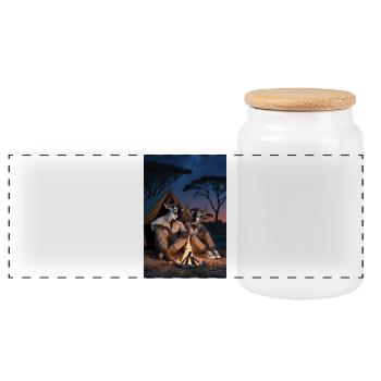 Wildebeest Humanoid Pair - Panoramic Cookie Jar with Wooden Lid - white - Front