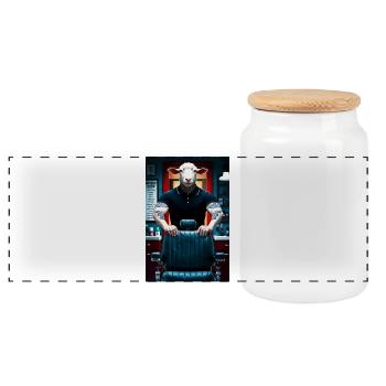Barbier mouton humanoïde - Boîte à biscuits avec couvercle en bois - blanc - Devant
