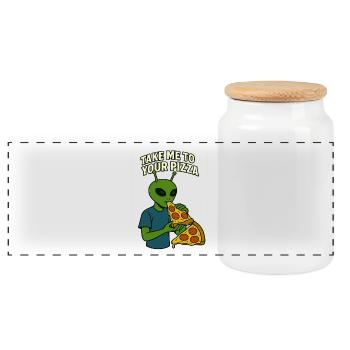 Alien Pizza T-Shirt Design with Slogan  - Panoramic Cookie Jar with Wooden Lid - white - Front