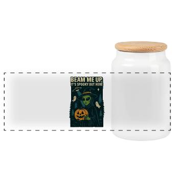 Halloween Alien T-Shirt – Beam Me Up, It’s Spooky  - Panoramic Cookie Jar with Wooden Lid - white - Front