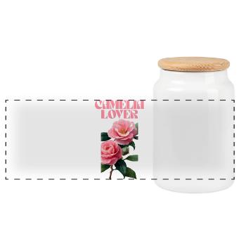 Camelia Lover Floral Typography Design - Panoramic Cookie Jar with Wooden Lid - white - Front