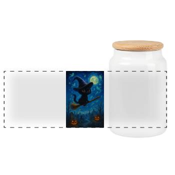 Schwarze Katze mit Hexenbesen - Panorama Keksdose mit Holzdeckel - Weiß - Vorne