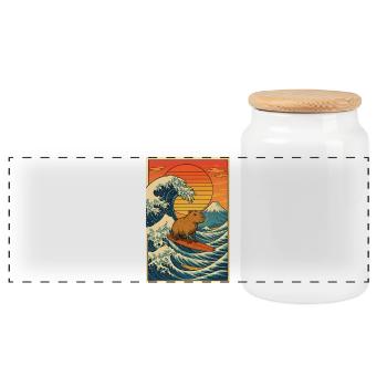 Capybara Surfing - Panoramic Cookie Jar with Wooden Lid - white - Front