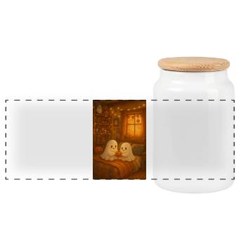 Cute Halloween ghosts in autumn - Panoramic Cookie Jar with Wooden Lid - white - Front