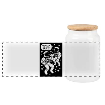 Astronauts with popcorn black and white - Panoramic Cookie Jar with Wooden Lid - white - Front