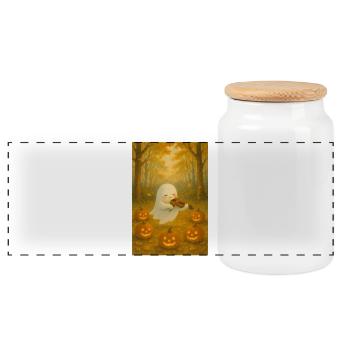 Cute Halloween Ghost in Autumn - Panoramic Cookie Jar with Wooden Lid - white - Front