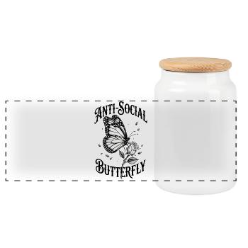 Papillon antisocial - Drôle de dicton - Boîte à biscuits avec couvercle en bois - blanc - Devant