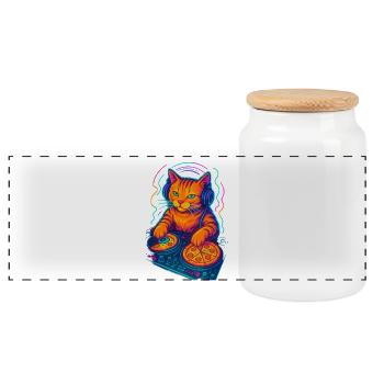 Neon DJ Katze Design - Panorama Keksdose mit Holzdeckel - Weiß - Vorne