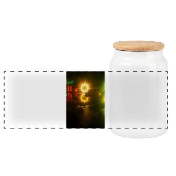 Leuchtendes Neon-Reflexion-Motiv - Panorama Keksdose mit Holzdeckel - Weiß - Vorne