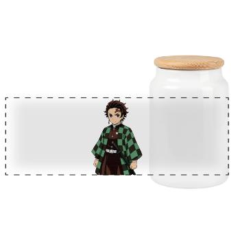 Hero Checkerboard Kimono Green Saber - Panoramic Cookie Jar with Wooden Lid - white - Front