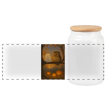 Fantôme mignon avec hibou - Boîte à biscuits avec couvercle en bois - blanc - Devant
