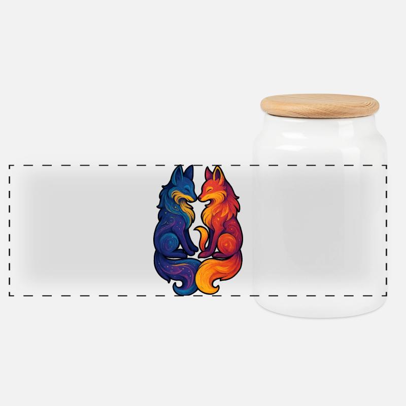Celestial Foxes | Mythical Twin Goddess - Panoramic Cookie Jar with Wooden Lid - white