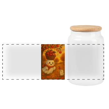 Halloween Ghost with Apple Harvest - Panoramic Cookie Jar with Wooden Lid - white - Front