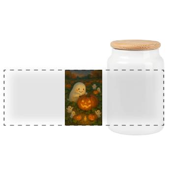 Cozy Halloween Ghost Carving Pumpkin - Panoramic Cookie Jar with Wooden Lid - white - Front